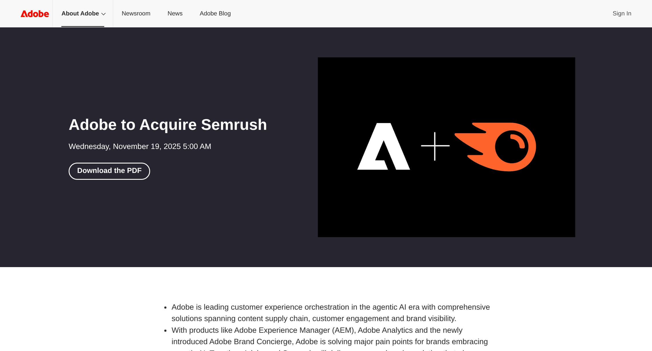 Top of Adobe's November 19, 2025, press release announcing that it will acquire Semrush