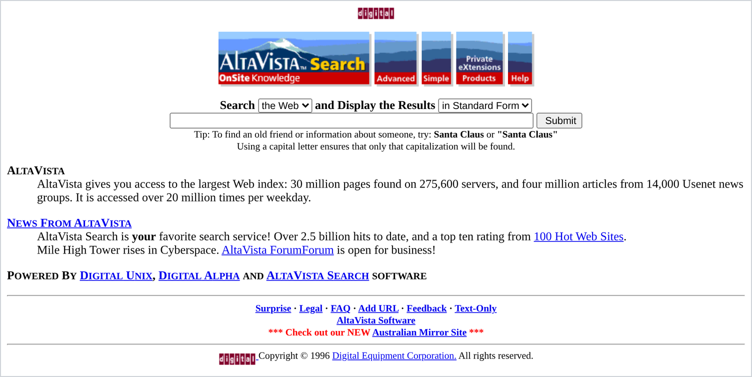 Archived 1996 AltaVista home page with a search box and a paragraph stating that the index holds 30 million pages found on 275,600 servers