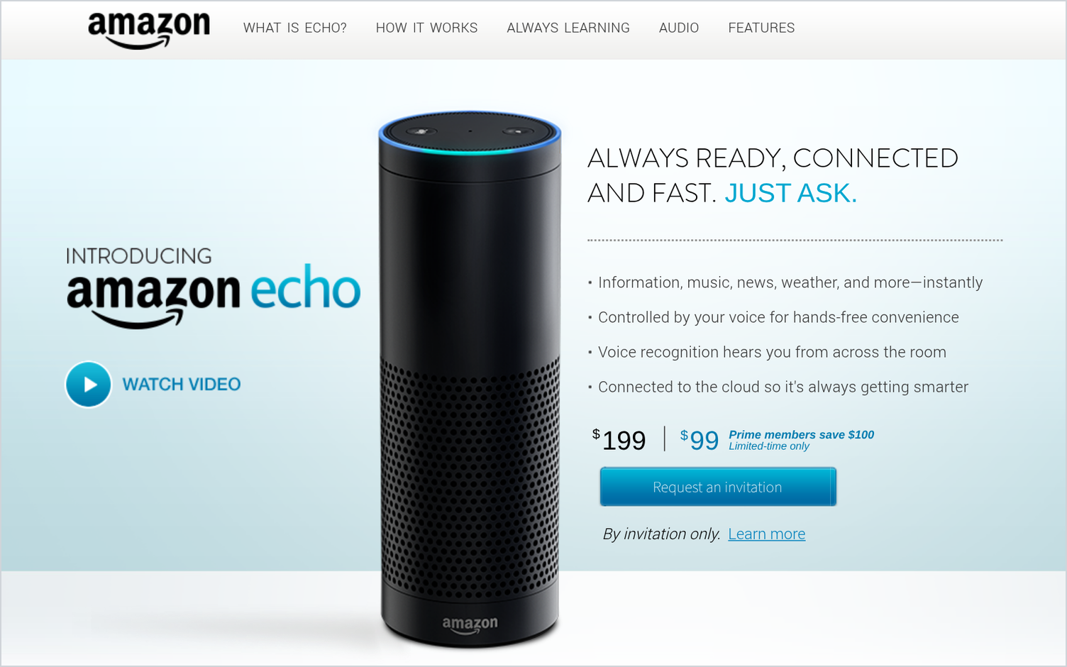 Archived Amazon page introducing Echo, showing a black cylindrical speaker, the line Always ready, connected and fast, just ask, a price of $199 or $99 for Prime members, and a button to request an invitation