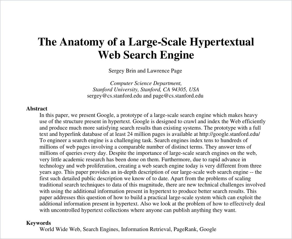 First page of the 1998 Brin and Page paper, showing the title, the authors' Stanford affiliation, the abstract, and the keywords World Wide Web, Search Engines, Information Retrieval, PageRank, Google
