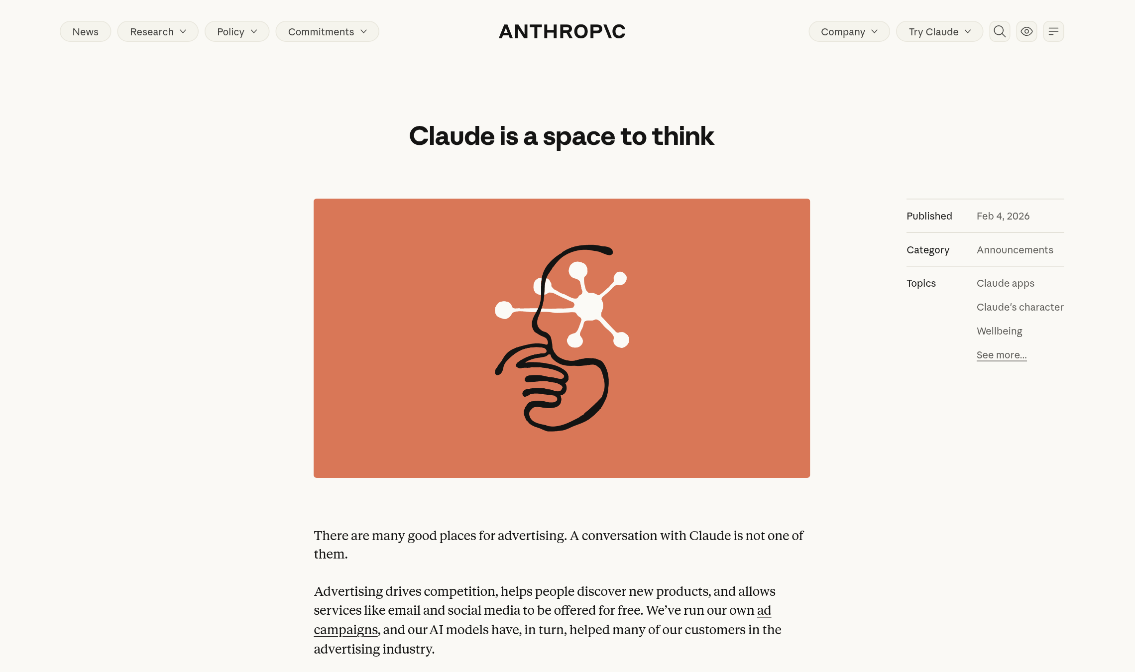 Top of Anthropic's February 4, 2026, post titled Claude is a space to think, which says Claude will remain ad-free
