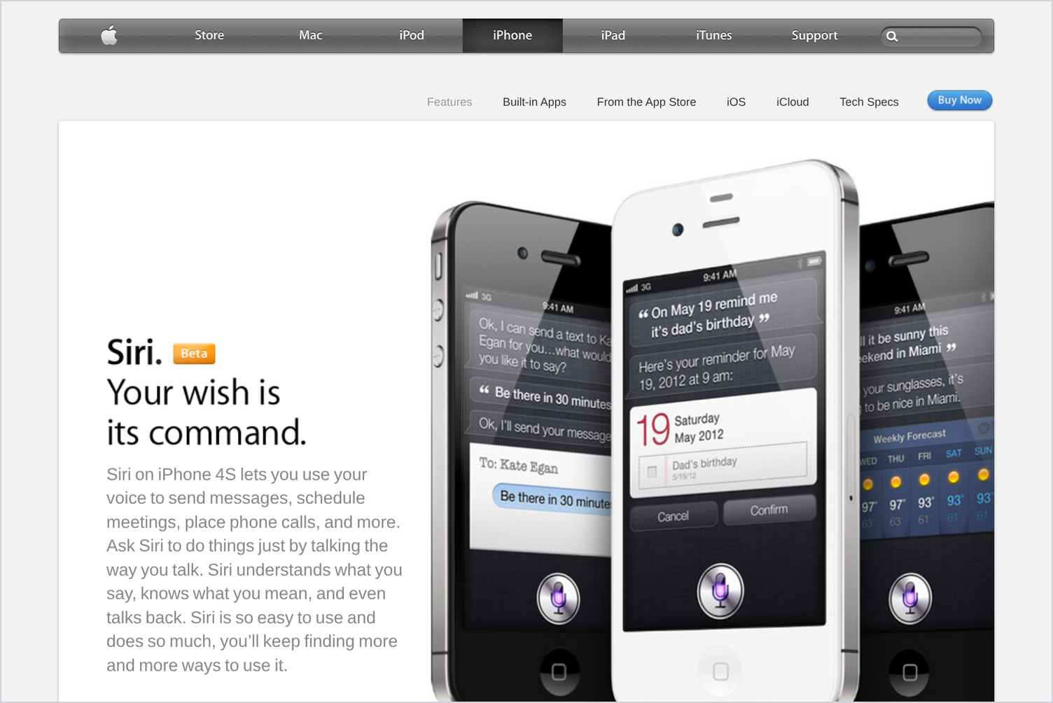 Archived Apple web page for Siri labeled Beta, with the heading Your wish is its command and three iPhone 4S screens showing a text message, a birthday reminder, and a weather forecast