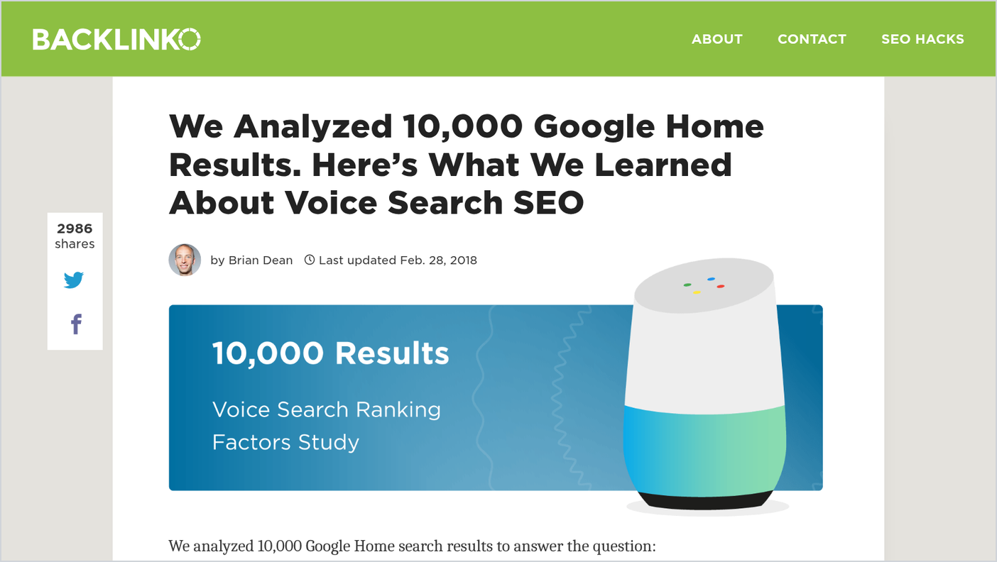 Archived top of the Backlinko article by Brian Dean titled We Analyzed 10,000 Google Home Results, Here's What We Learned About Voice Search SEO, last updated February 28, 2018, with an illustration of a Google Home speaker