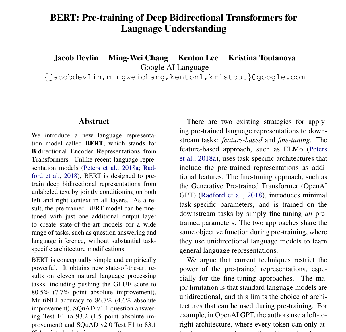 First page of the BERT paper showing the title, the four authors from Google AI Language, and the abstract