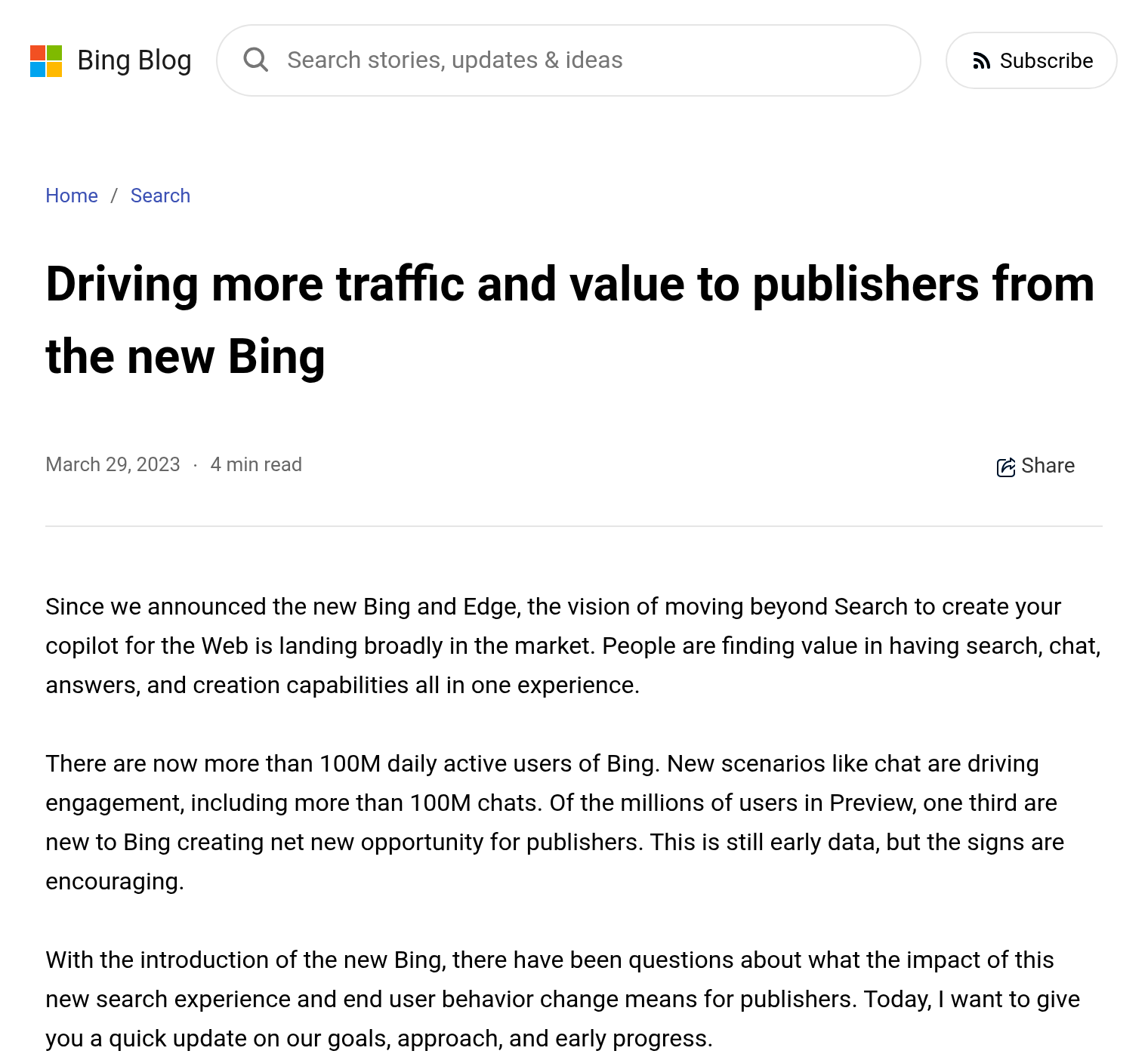 Microsoft Bing blog post by Yusuf Mehdi from March 29, 2023, about driving more traffic and value to publishers from the new Bing