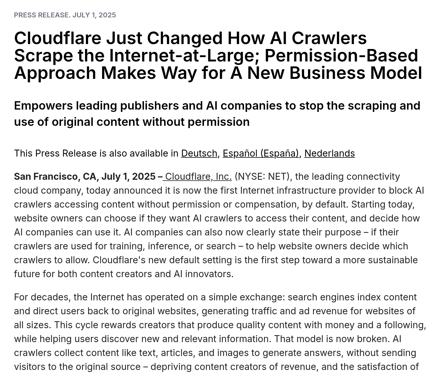 Top of Cloudflare's July 1, 2025, press release announcing that it now blocks AI crawlers without permission or compensation by default