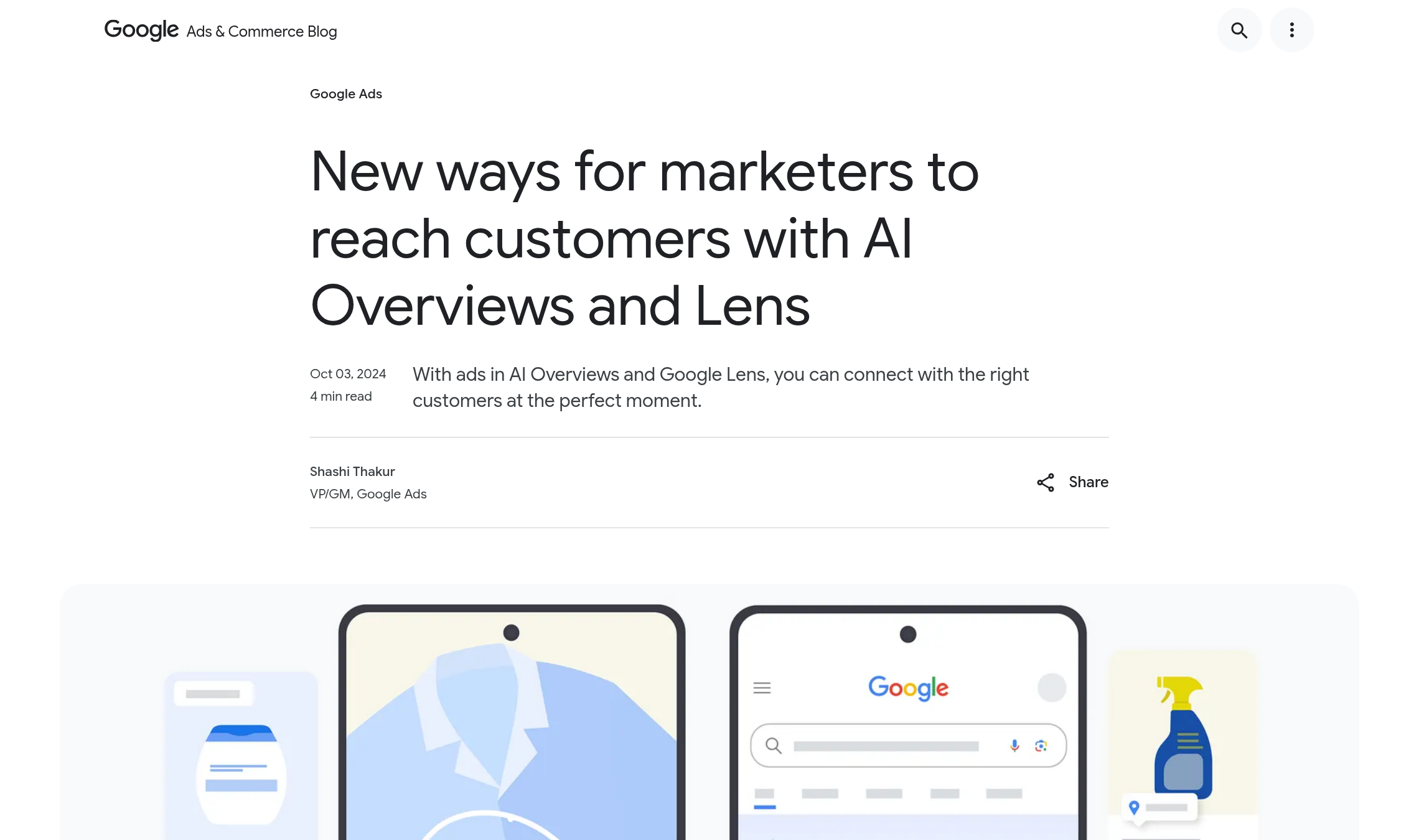 Top of Google's October 3, 2024, Ads and Commerce blog post announcing ads in AI Overviews and Google Lens
