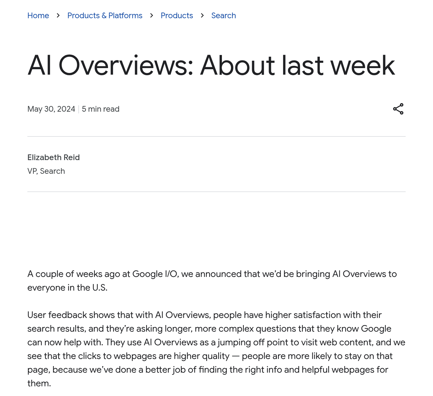 Google blog post by Liz Reid titled AI Overviews: About last week, dated May 30, 2024, with its opening paragraphs about user feedback and the quality of clicks