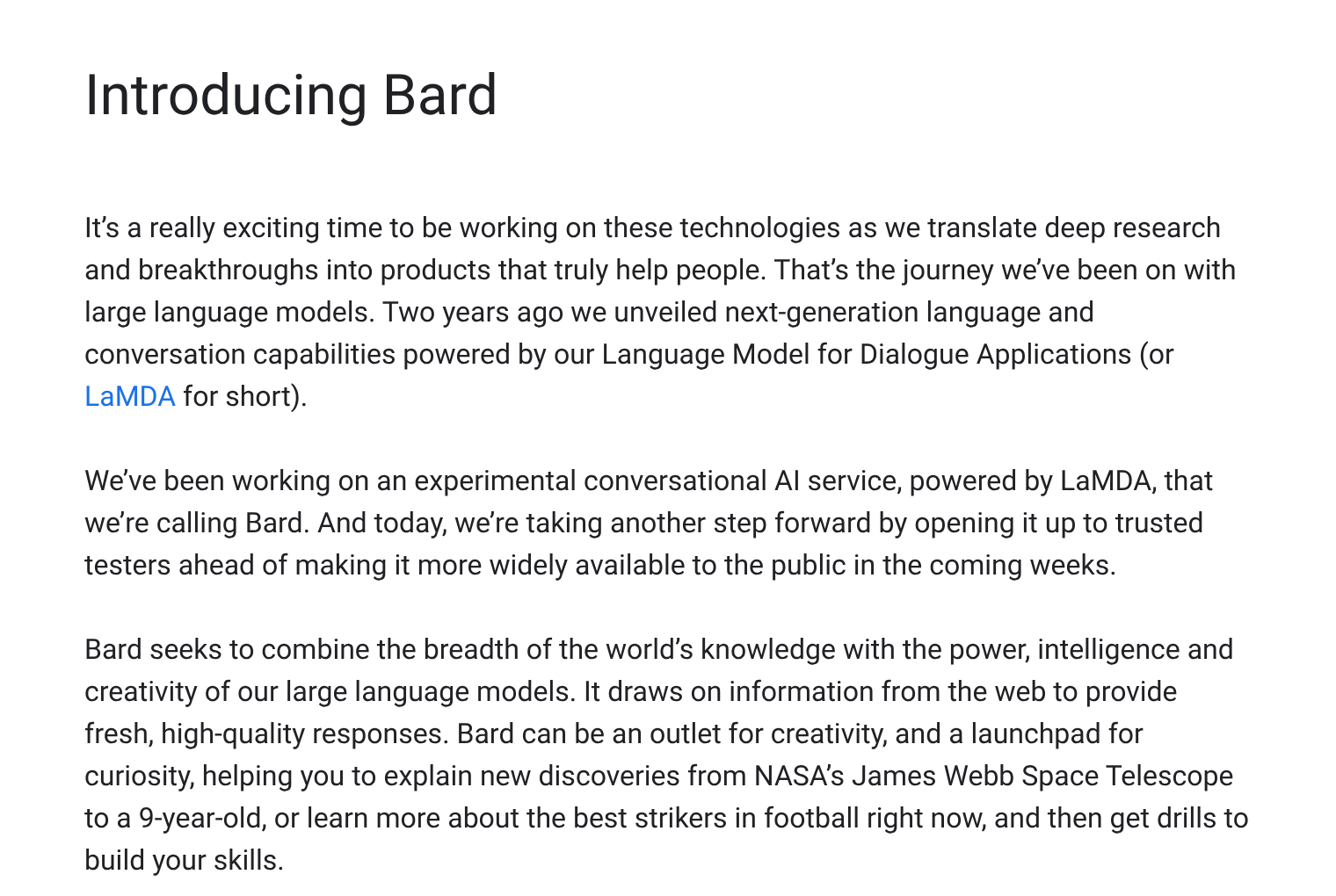 Google blog post by Sundar Pichai from February 6, 2023, announcing Bard and new AI features in Search