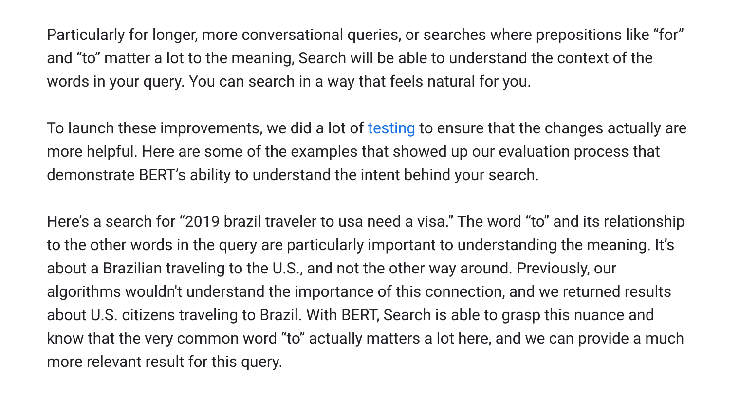 Google blog post by Pandu Nayak from October 25, 2019, describing how BERT improves search