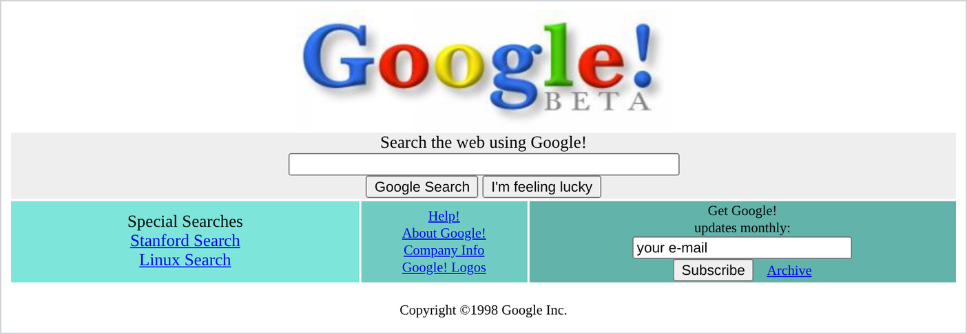 Archived Google home page marked Beta, with a single search box, Google Search and I'm Feeling Lucky buttons, and links to Stanford Search and Linux Search