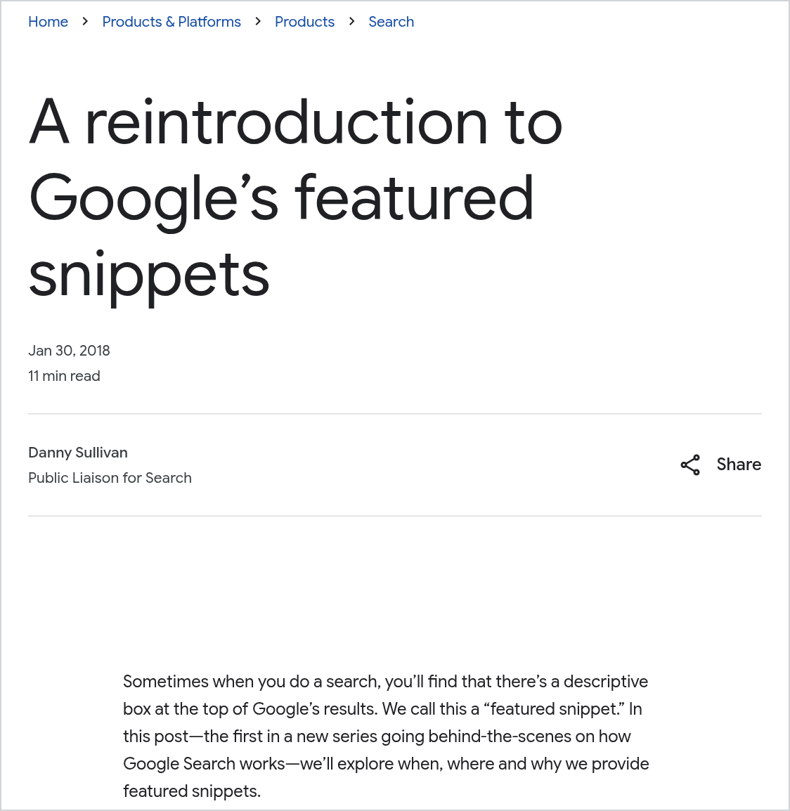 Top of the Google blog post A reintroduction to Google's featured snippets by Danny Sullivan, Public Liaison for Search, dated January 30, 2018, with the opening paragraph