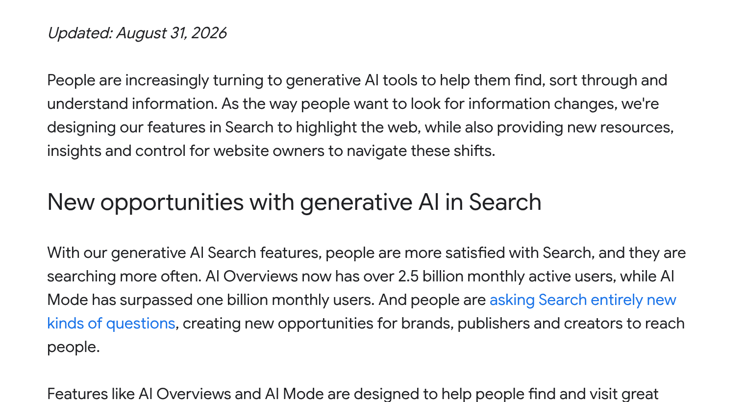 Excerpt from Google's June 3, 2026, post saying AI Overviews has over 2.5 billion monthly active users and AI Mode has passed one billion monthly users
