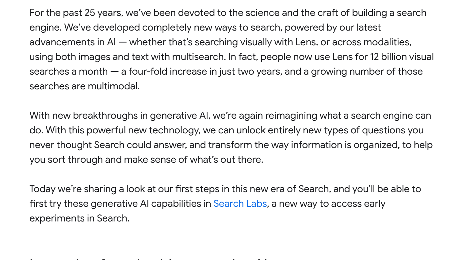 Excerpt from Google's May 10, 2023, post, in which Google says it is reimagining what a search engine can do with generative AI and will offer the capabilities first in Search Labs