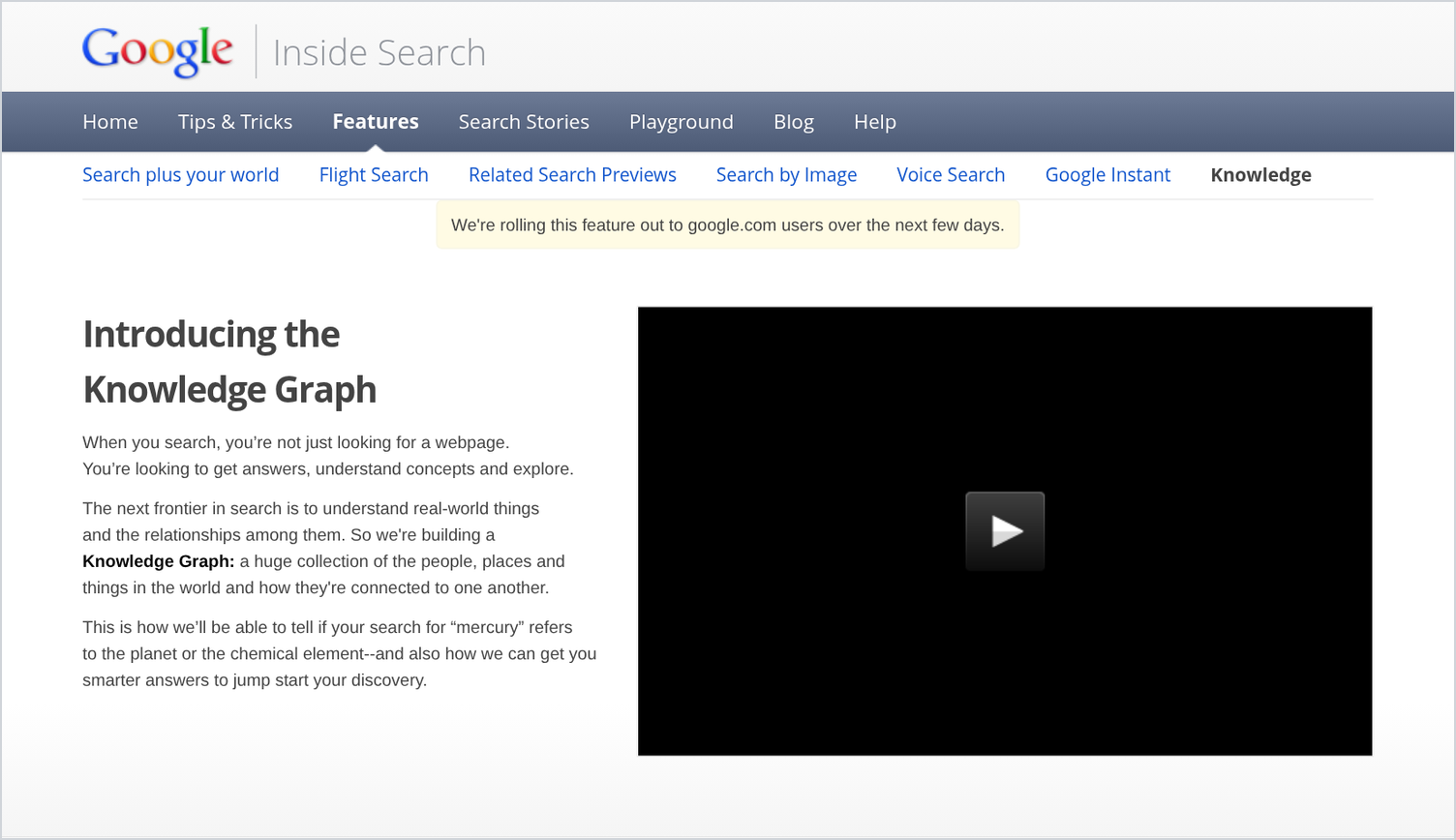 Archived Google Inside Search page titled Introducing the Knowledge Graph, with text describing a huge collection of the people, places and things in the world and how they are connected, and a note that the feature is rolling out to google.com users over the next few days