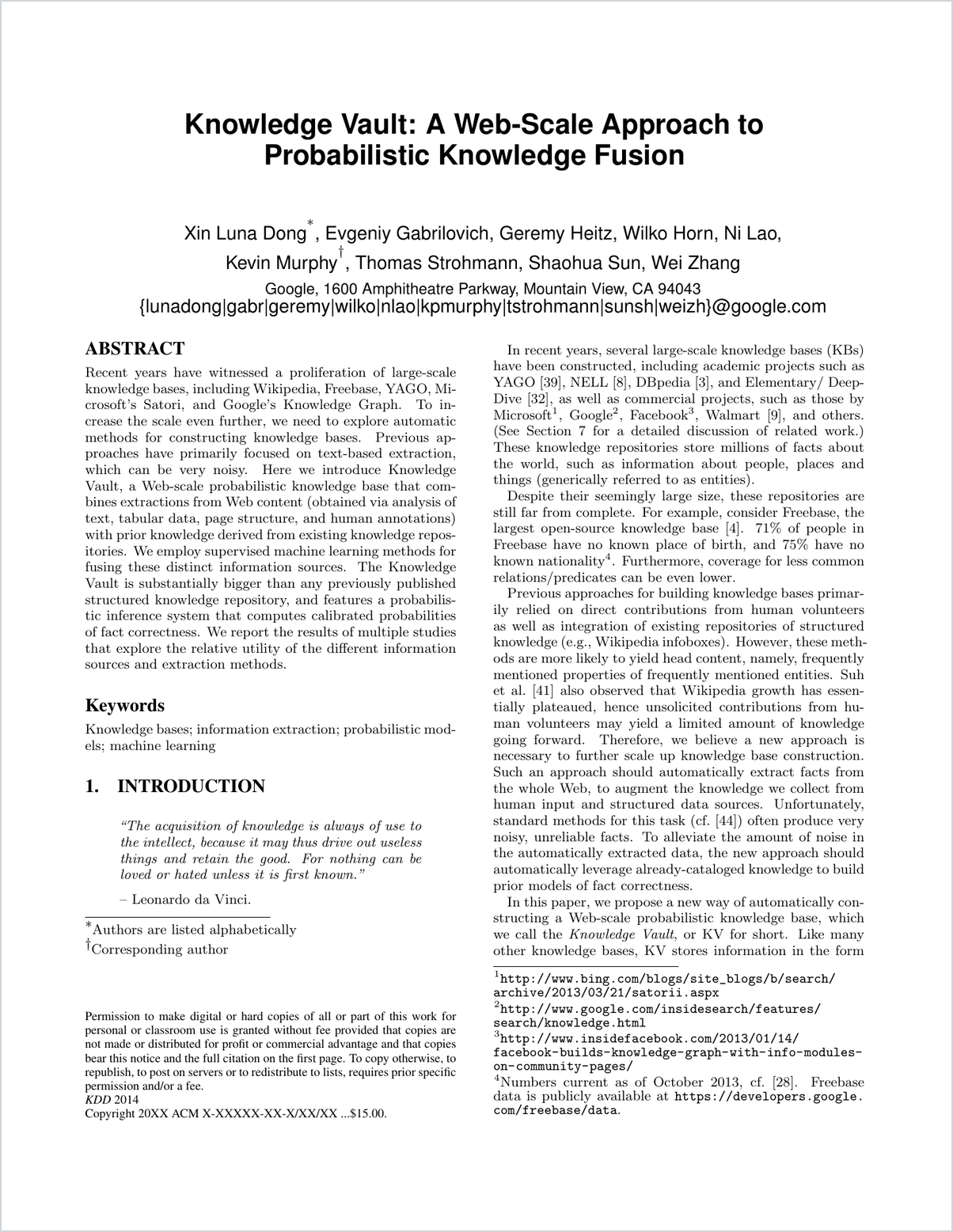 First page of the 2014 Knowledge Vault paper by Xin Luna Dong and colleagues at Google, showing the title, author list, abstract, and the start of the introduction