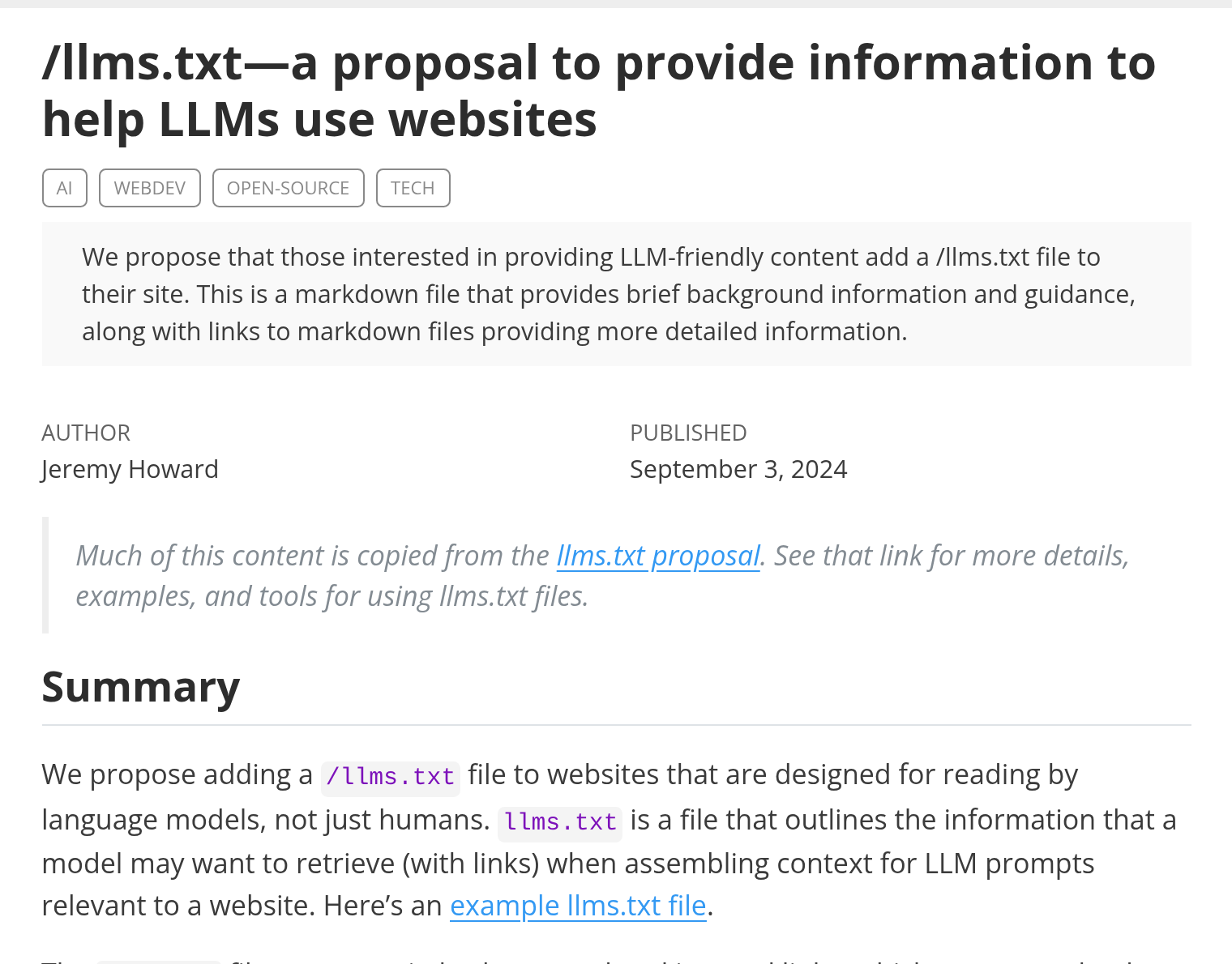 Top of the Answer.AI post proposing a /llms.txt file, with the author Jeremy Howard and the publication date of September 3, 2024