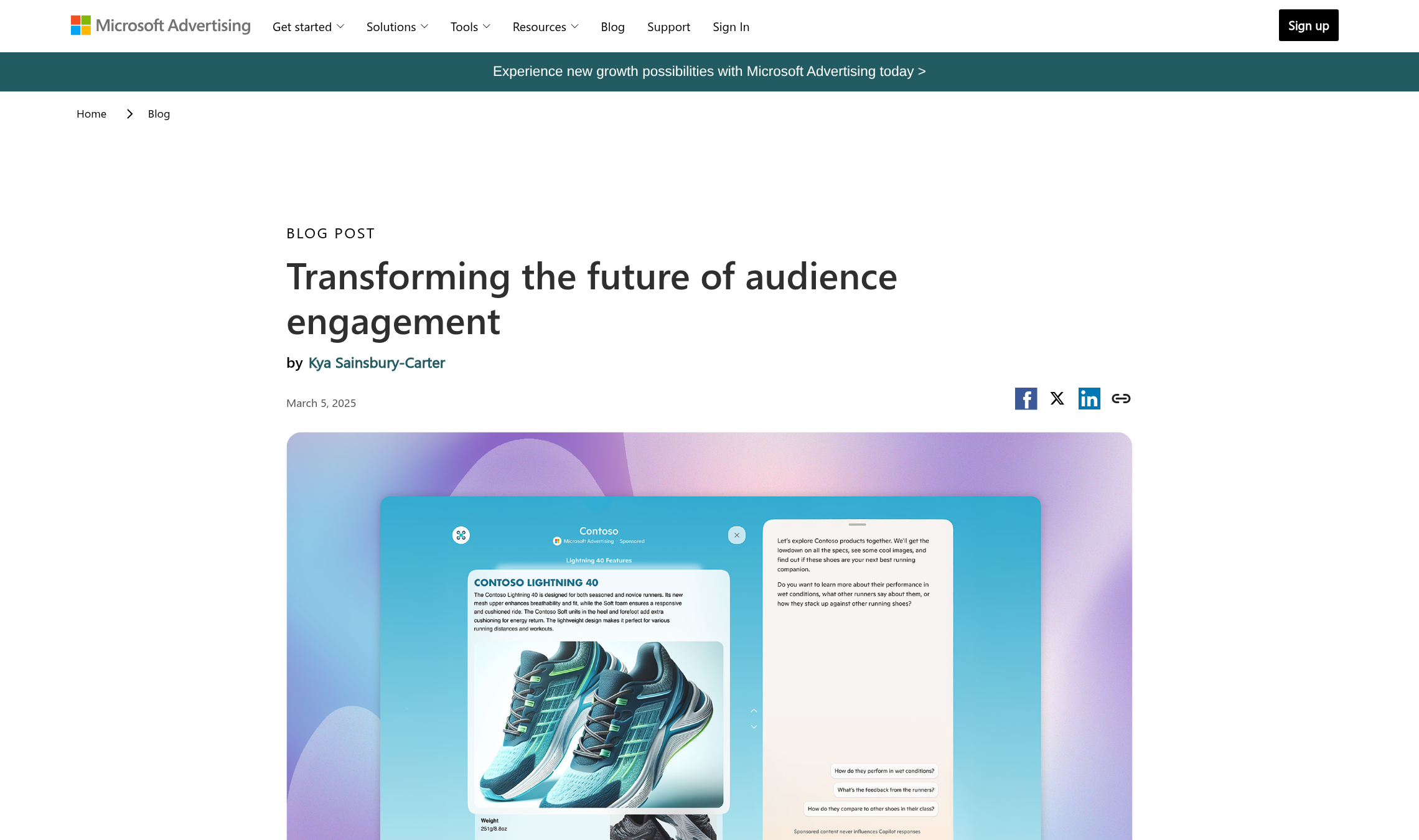 Top of Microsoft Advertising's March 5, 2025, post on the future of audience engagement, which announces ads in Copilot, Showroom ads, and Dynamic filters