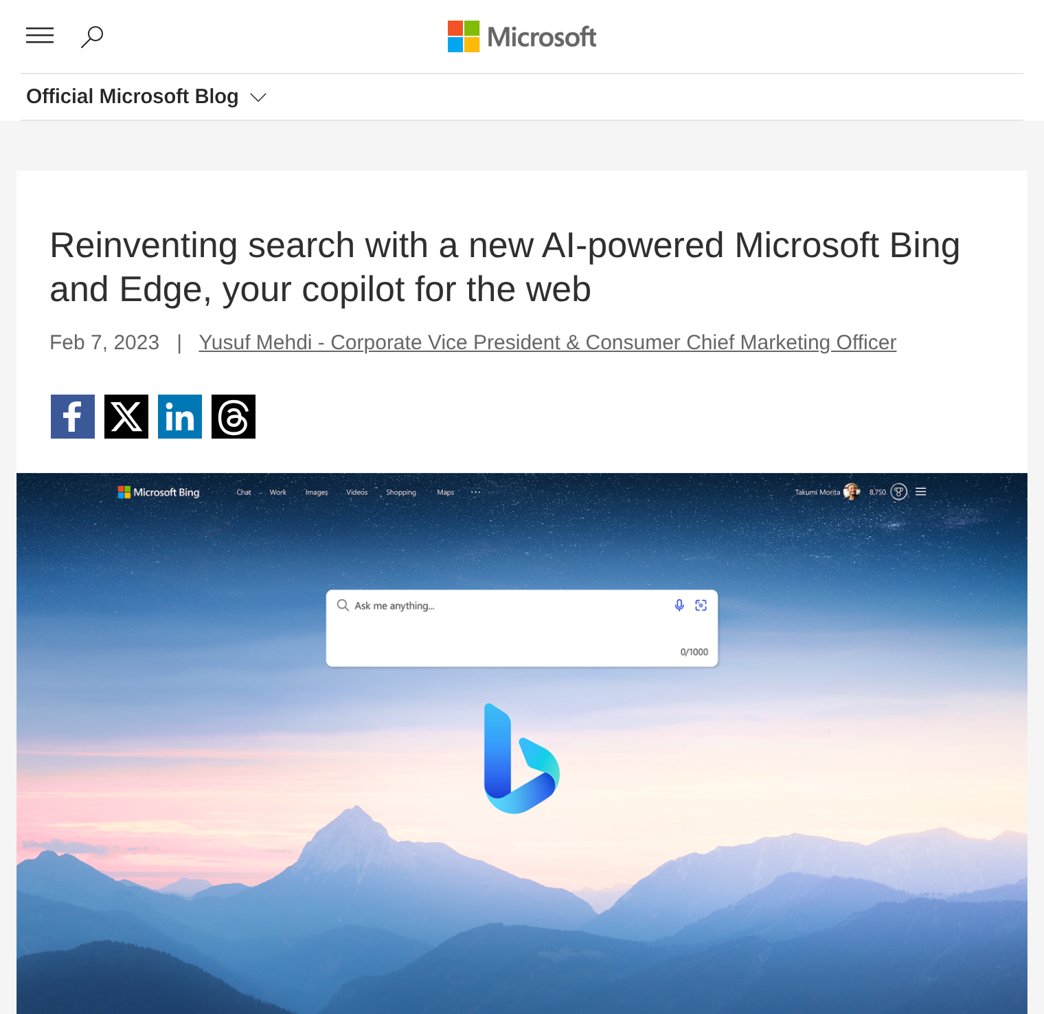 Microsoft blog post by Yusuf Mehdi from February 7, 2023, announcing the new AI-powered Bing and Edge
