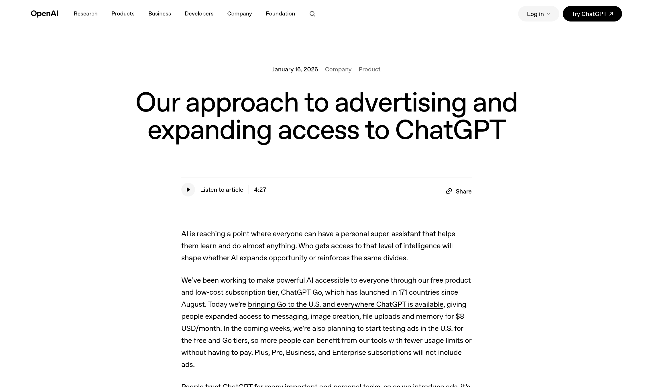 Top of OpenAI's January 16, 2026, post on its approach to advertising and expanding access to ChatGPT