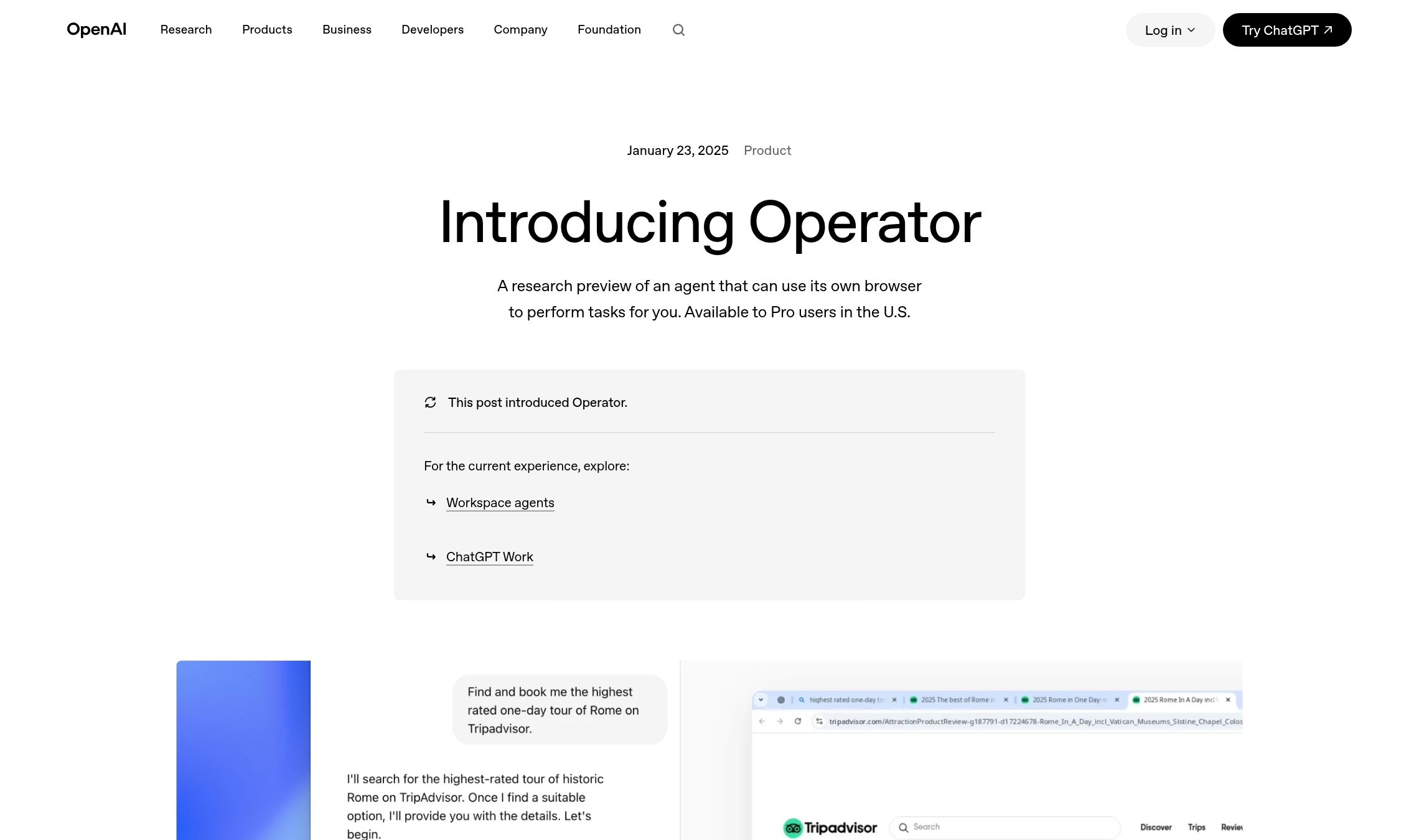 Top of OpenAI's January 23, 2025, post introducing Operator, an agent that can use its own browser to perform tasks