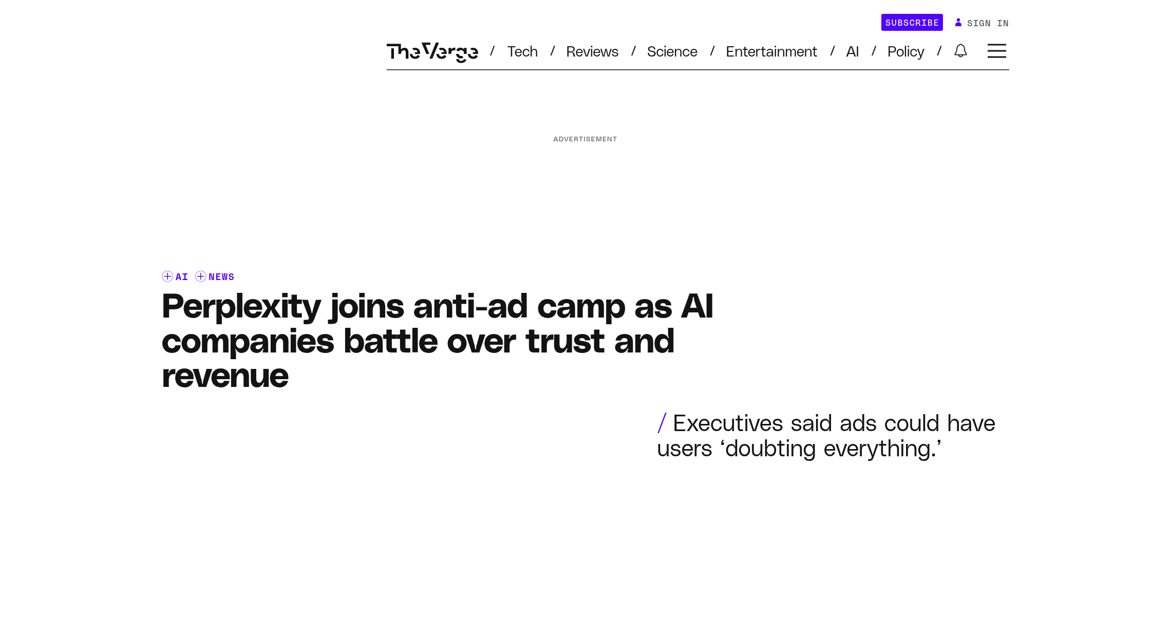 Headline and summary of The Verge's February 18, 2026, report that Perplexity is moving away from advertising