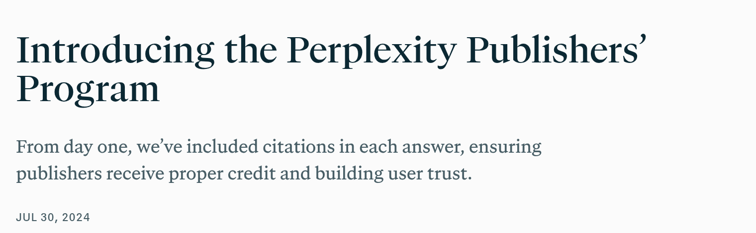 Heading and subheading of Perplexity's July 30, 2024, announcement of its Publishers' Program, which says the company has included citations in each answer from day one