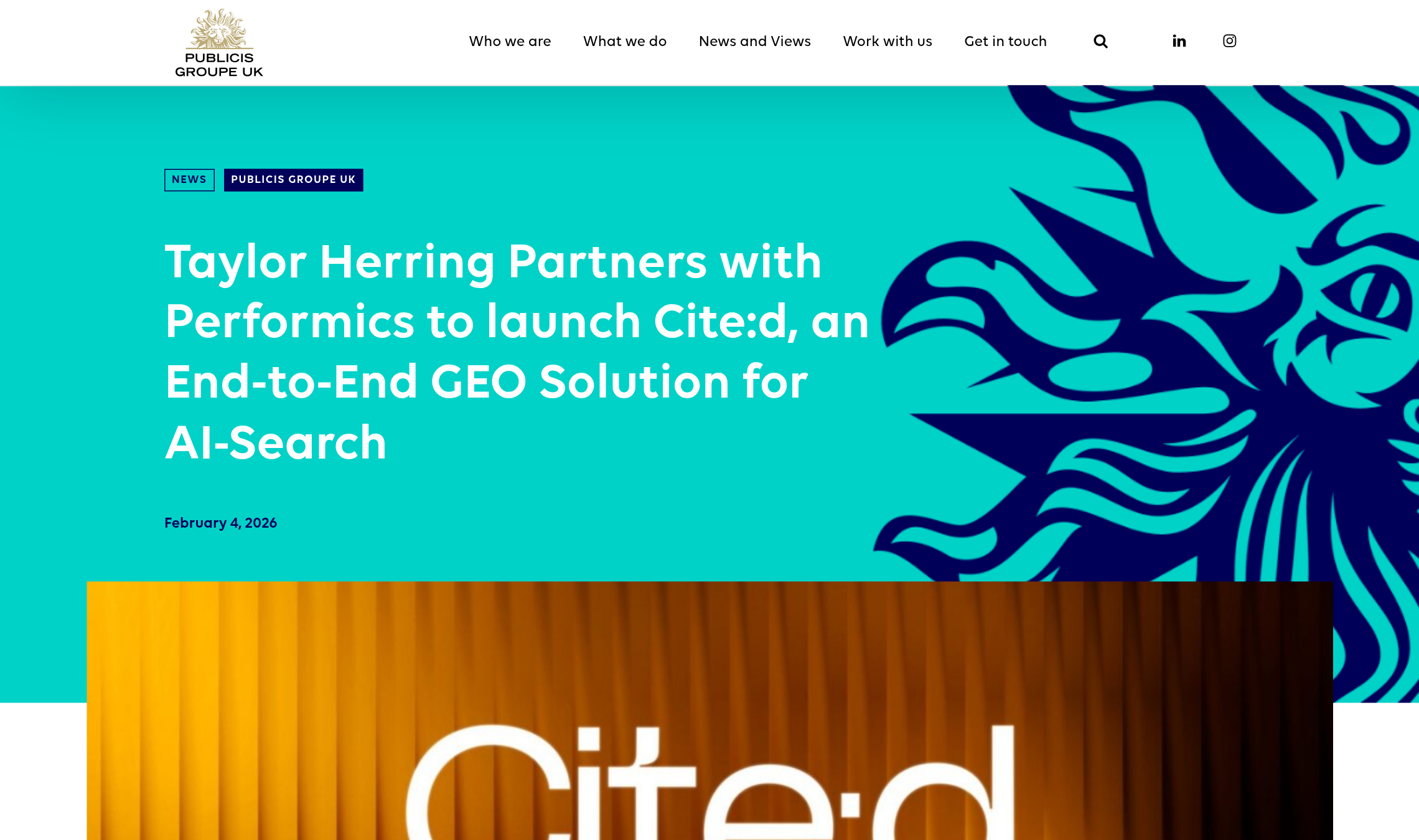 Top of the Publicis Groupe UK news page announcing Taylor Herring's partnership with Performics to launch Cite:d, an end-to-end GEO solution for AI search