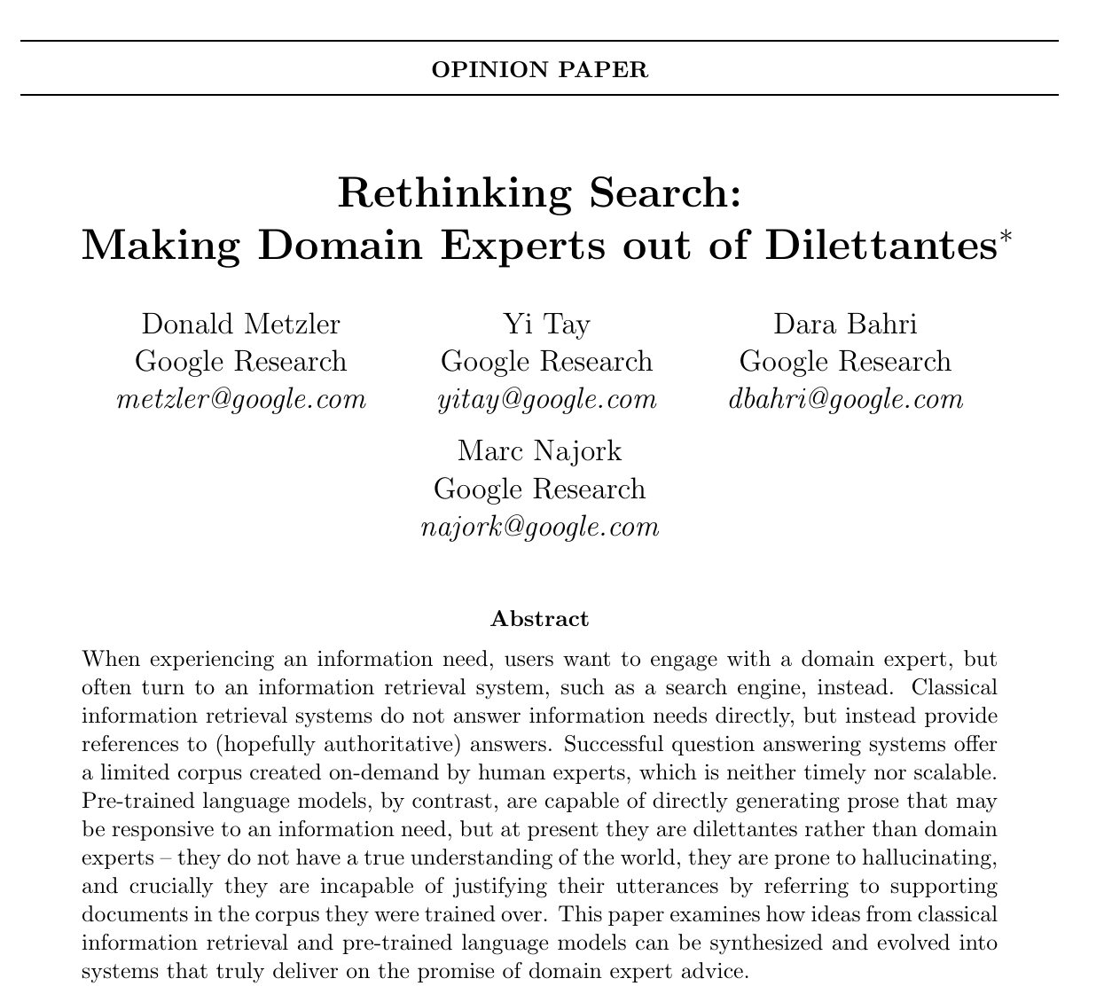 First page of the 2021 paper Rethinking Search by four Google Research authors, with its abstract