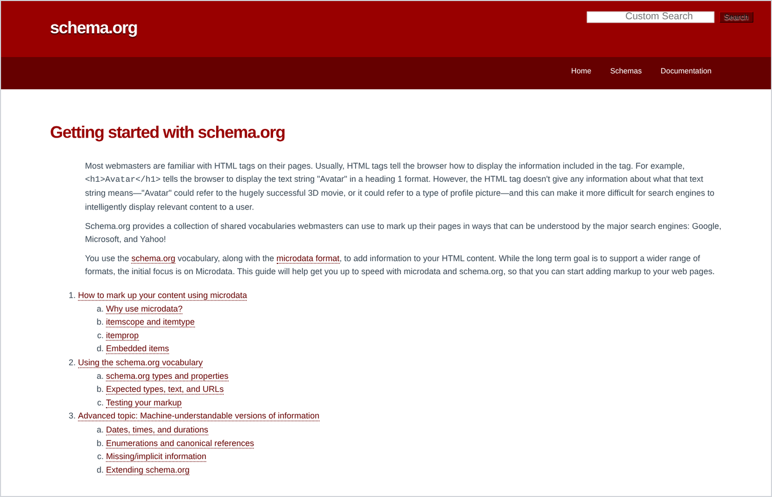 Archived schema.org Getting started page with an explanation of the Avatar example, a statement that schema.org provides shared vocabularies understood by Google, Microsoft, and Yahoo, and an outline of microdata and vocabulary guides