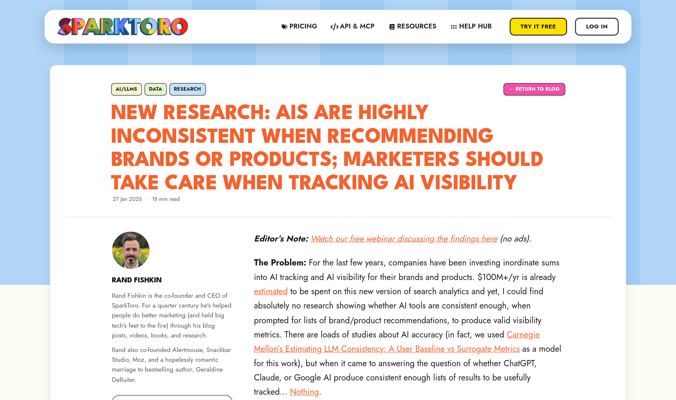 Top of SparkToro's January 28, 2026, study on how inconsistently AI tools recommend brands and products