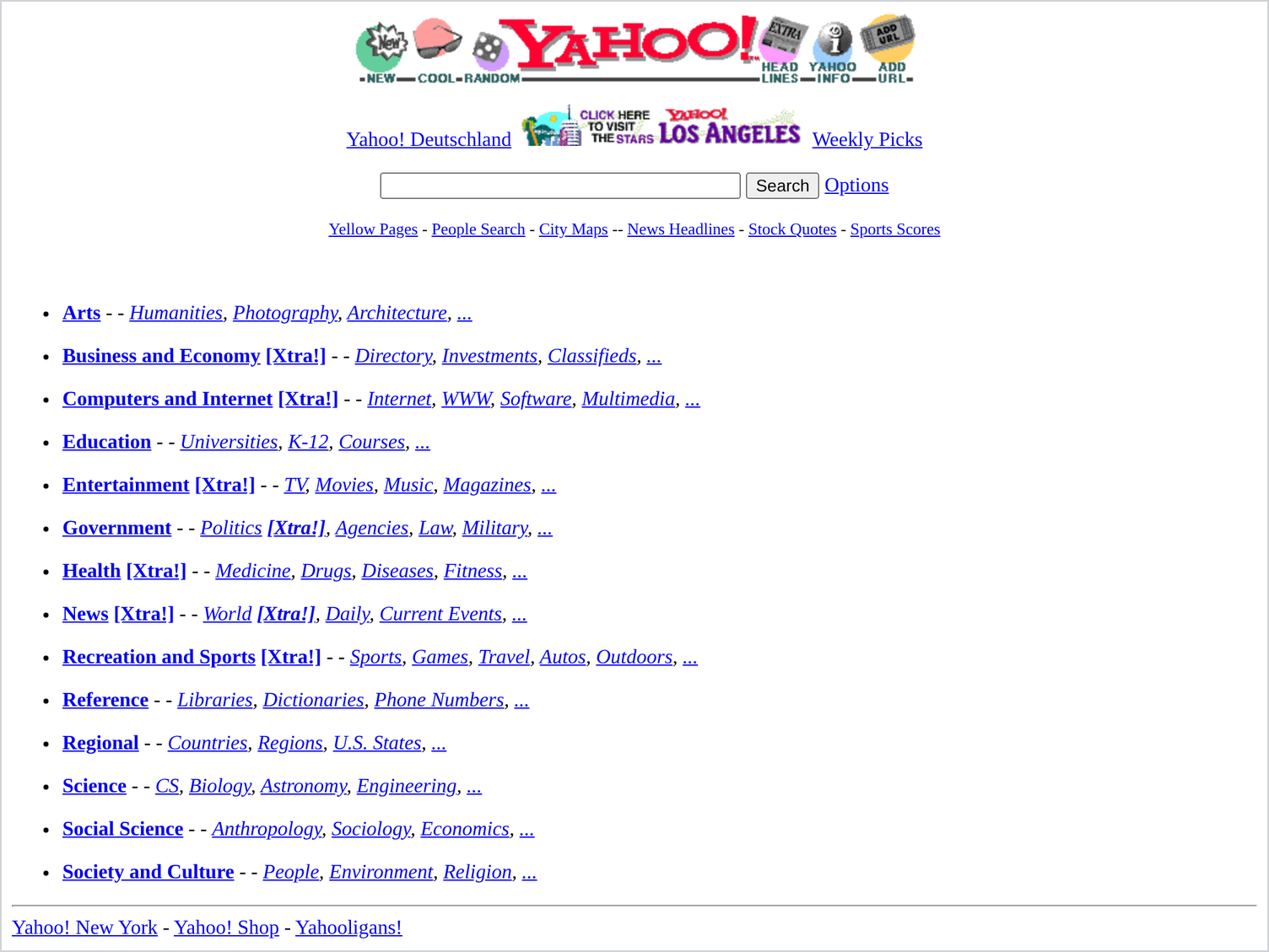 Archived 1996 Yahoo home page with a search box and a list of fourteen topic headings, from Arts to Society and Culture, each followed by sample subcategories